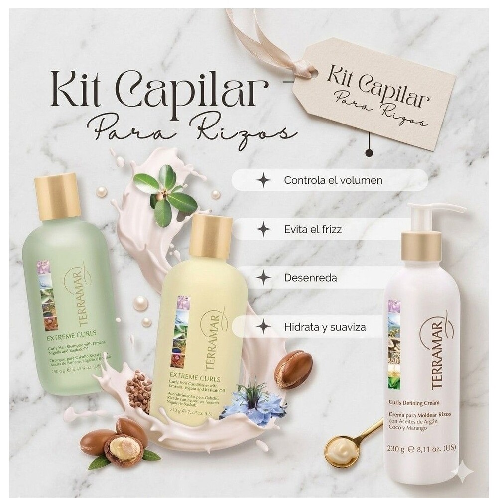 TERRAMAR Extreme Curls kit para rizos: shampoo, conditioner y crema anti-frizz